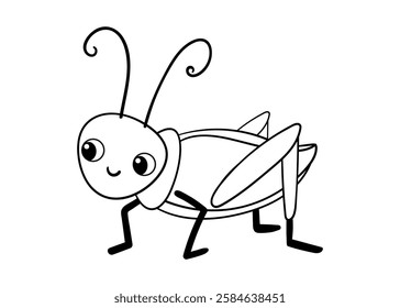 Cute black and white grasshopper on a white background. Vector illustration with insect in cartoon style.