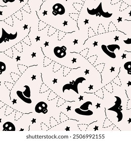 Nette schwarz-weiße Halloween Party für Kinder Hintergrund mit Fledermäusen, Schädeln, Sternen und Girlanden. Lustiges, verspieltes Urlaubsdesign für Textilien, Papier, Tapeten.