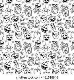 Cute black and white halloween seamless pattern with pumpkin, skull, tombstone, owl and spider