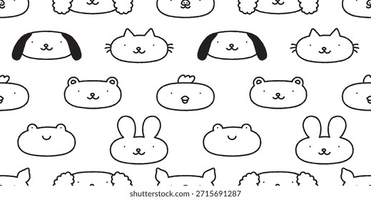Lindo dibujo a mano en blanco y negro de dibujos animados de dibujos animados sin patrón. Libro para colorear diseño de fondo de Fondo de pantalla para niños. Divertido dibujo diverso de animales incluye perro, gato, oso, conejo personaje.