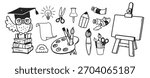 A cute black and white hand-drawn collection of school and art elements: owl, books, brushes, paints, palette, pencil, push pin, scissors, and easel.