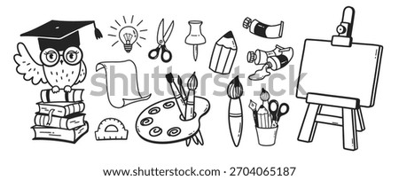 A cute black and white hand-drawn collection of school and art elements: owl, books, brushes, paints, palette, pencil, push pin, scissors, and easel.