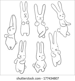Cute black and white hand-drawn dancing rabbits 
