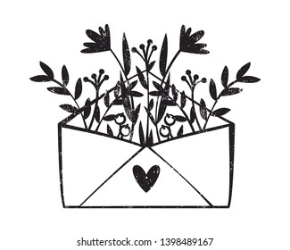 Cute black and white handwritten illustration of flowers letter. Vector cartoon art.