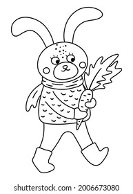 Cute black and white hare bringing carrot to case with harvest. Vector outline autumn character isolated on white background. Fall season line woodland animal icon.  Funny forest illustration.
