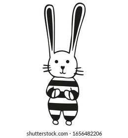 Cute black and white hare kid in a striped jumpsuit. Hand-drawn little rabbit for children's coloring, nursery, postcard, decoration. Happy Easter! Scandinavian style. Vector.