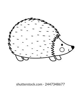 Cute black and white hedgehog in cartoon style. Forest character for kids design in outline. Woodland animal isolated element. Vector illustration