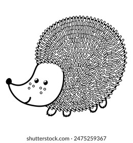 Cute black and white hedgehog in cartoon style. Forest character for kids design in outline. Woodland animal isolated element. Vector illustration