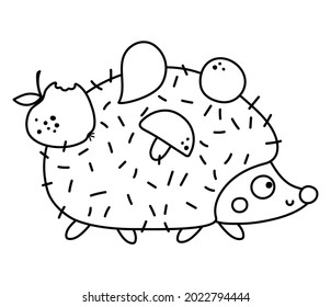 Cute black and white hedgehog with mushroom, apples, leaf on prickles. Vector outline autumn character. Fall woodland animal line icon. Funny forest or Thanksgiving Day illustration.
