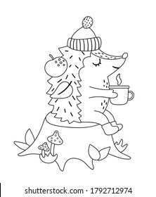 Aburrido erizo blanco y negro sentado en el trasero con té caliente cerca del fuego. Carácter de contorno de otoño vectorial aislado en fondo blanco. Icono de animales de la línea de arte de los bosques de temporada otoño. 
