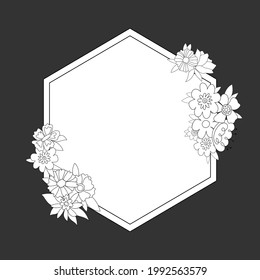 Cute Black And White Hexagon Frame With Flowers. For A Wedding Invitation, Happy Birthday. Line Beautiful Vector Illustration Of Doodles.