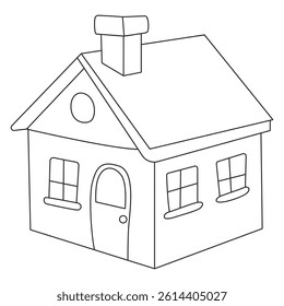 A cute black and white house with a chimney on the roof. Illustration of an isolated house.