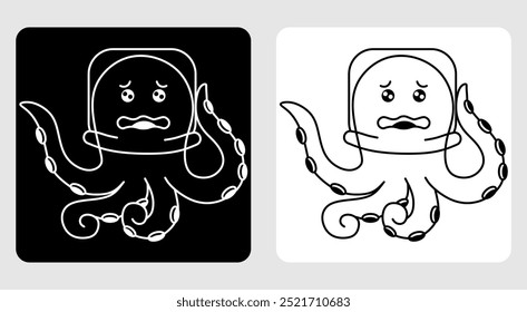 Cute black and white icon of an octopus with a glass cover on its head, black and white octopus logo