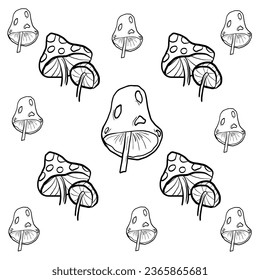 Cute black and white icons of vector mushrooms in an autumn theme on a white background