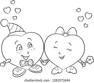 Cute black and white illustration of a heart couple, holding hands, boy-heart and girl-heart, in love, hearts in the air, for children's coloring book, Valentine's Day card