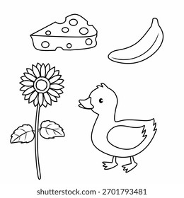 Ilustração em preto e branco bonito conjunto de objetos de cor amarela, pato, queijo, banana e girassol. Ideal para páginas de coloração de crianças e impressoras com aprendizado de cores.