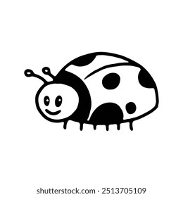 A cute black and white illustration of a smiling ladybug with spots on its back.