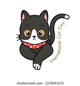 Cute black and white kitten cartoon doodle vector in a international cat day design