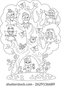 Cute black and white landscape with dwarf and woodland fairies sitting on tree branches. Vector fairyland line background. Fantasy forest illustration. Fairytale coloring page

