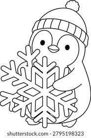 A cute black and white line art illustration featuring a penguin character with a snowflake, perfect for children's coloring pages. This winter-themed vector is ideal for educational worksheets, holiday crafts, and seasonal activity books.
