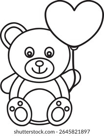 A cute, black and white line drawing of a teddy bear holding a heart-shaped balloon. This charming illustration is isolated on a clean white background, perfect for various design projects.