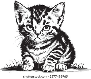 Cute Black and white linear paint draw Cat vector illustration kitten