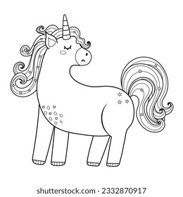 Cute black and white magic unicorn character. Beautiful fairy tale animal in outline. Little pony isolated element. Vector illustration