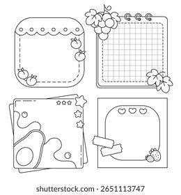 Cute Black and White Memo Pad Coloring Page with Fruit, Stars, and Grid Layouts for Journaling and Scrapbooking