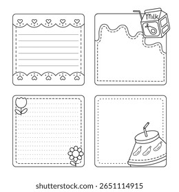 Cute Black and White Memo Pad Set with Milk Carton and Flower Doodles for Journaling Notes and Scrapbooking