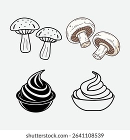 Cute Black and White Mushroom and Dip Illustrations.