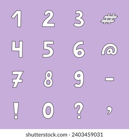 Cute black and white number set with outline. Chunky bold symbols of question, comma, dash. Funny doodle numbers and punctuation marks for cover, poster, banner. Digits for retro design and logo.