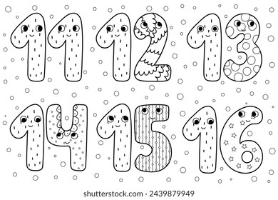 Cute black and white numbers characters 11-16 for kids. Collection of happy numbers in outline for coloring. Educational clipart set. Eleven, twelve, thirteen and others. Vector illustration