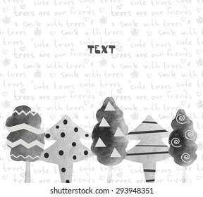 Cute black and white ornament trees made in watercolor technique with hand drawn background and text space. Banner, card, invitation, brochure with trees