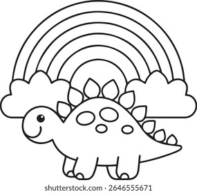 A cute, black and white outline illustration of a Stegosaurus dinosaur with plates on its back, standing under a rainbow and clouds. This charming graphic is isolated on a white background, perfect