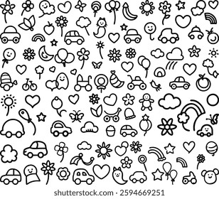 Cute Black and White Outline Illustrations of Children's Toys and Activities, Isolated on a white background.