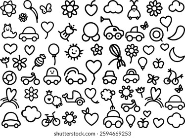 Cute Black and White Outline Illustrations of Children's Toys and Activities, Isolated on a white background.