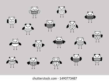 cute black and white owl bird cartoon vector