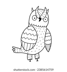 Cute black and white owl in cartoon style. Forest character in outline for kids design. Great for coloring page, apparel, prints. Vector illustration