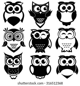 Cute black and white owls set