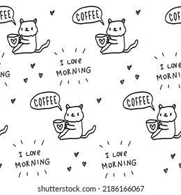 Cute black and white pattern with doodle line coffee, tea, cat. Textiles for child, fabric, cafe, bedroom, scrapbook.