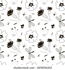 Rein schwarz-weißes Muster mit Blumenmotiv.