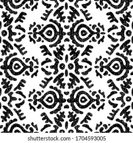 Cute black and white pattern. Ink decorative flowers. Ethnic and tribal motifs. Bohemian print for textiles. Vector illustration.