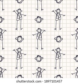 Cute black white people scribble kids doodle background. Hand drawn motif seamless pattern. Naive simple character cartoon for minimal baby fashion, nursery decor, neutral unisex scrap book paper