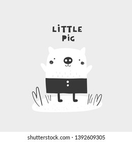 Cute black and white pig with lettering quote kids zone. Background, card, postcard, print, banner with funny monochrome animal for kids playroom, playground, play zone