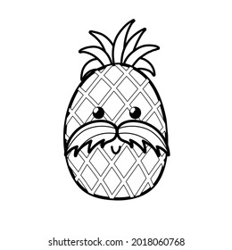 Cute black and white pineapple with mustache. Summer coloring page for kids. Cartoon fruit character. Vector illustration