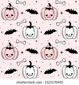 cute black, white and pink halloween seamless vector pattern background illustration with pumpkins, bats, bones and stars