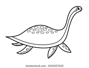 Cute black and white plesiosaurus in cartoon style isolated element. Funny dinosaur of jurassic period for kids design. Prehistorical water dino clipart in outline for coloring. Vector illustration