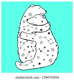 Cute black and white polar bear hugs with constellation isolated on blue background. Hand drawn animals illustration for card, poster, t-shirt, vall art.