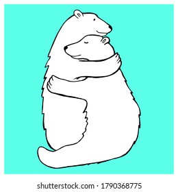 Cute black and white polar bear hugs isolated on blue background. Hand drawn animals illustration for card, poster, t-shirt, vall art.