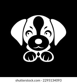 A cute black and white puppy cartoon icon in the style of shiny eyes and a cute smile on black